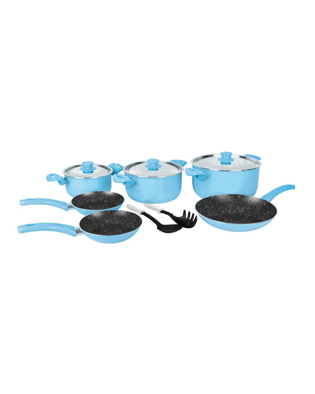 Grandi Cook Pop Set of 11 Pieces Stewpots 16 / 20 / 26 + Frypan 20 / 22 / 26 + 2 Kitchen Tools Free - Baby Blue