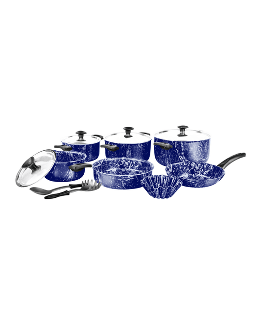 Grandi Cook Marble Set of 11 Pieces Stewpots 16 / 18 / 20 / 26 + Frypan 20 + Round Oven Tray 22 + Broush 14 + 2 Kitchen Tools Free - Marble Blue