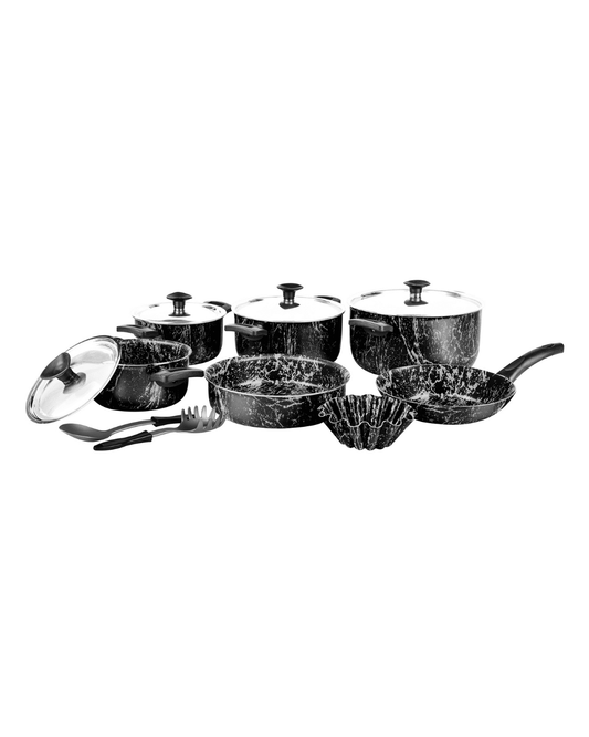 Grandi Cook Marble Set of 11 Pieces Stewpots 16 / 18 / 20 / 26 + Frypan 20 + Round Oven Tray 22 + Broush 14 + 2 Kitchen Tools Free - Marble Black