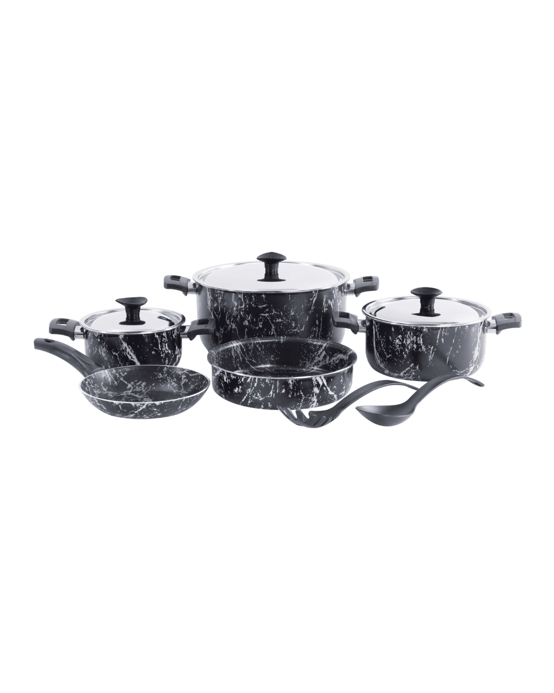 Grandi Cook Marble Set of 10 Pieces Stewpots 16 / 20 / 26 + Frypan 20 + Round Oven Tray 22 + 2 Kitchen Tools Free - Marble Black