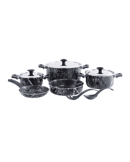 Grandi Cook Marble Set of 10 Pieces Stewpots 16 / 20 / 26 + Frypan 20 + Round Oven Tray 22 + 2 Kitchen Tools Free - Marble Black